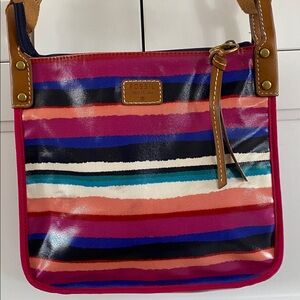 Fossil striped multicoloured crossbody bag w adjust strap leather trim